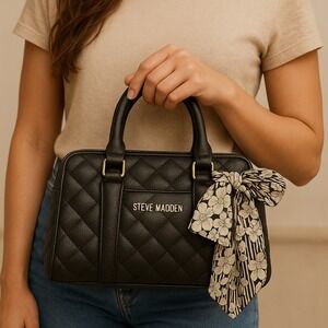 Steve Madden Quilted Satchel Handbag Black Textured Gold Tone‎ Scarf Accent